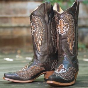 Corral Brown/Gold Fleur De Lis Distressed Boot 8.5